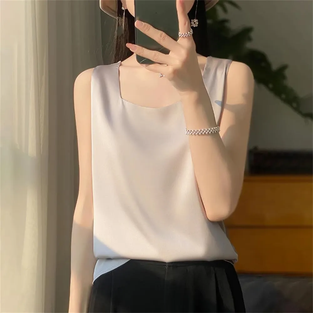 Women's Summer V-Neck Silk Vest Tank Tops Loose Sleeveless Thin Camisole Shirt