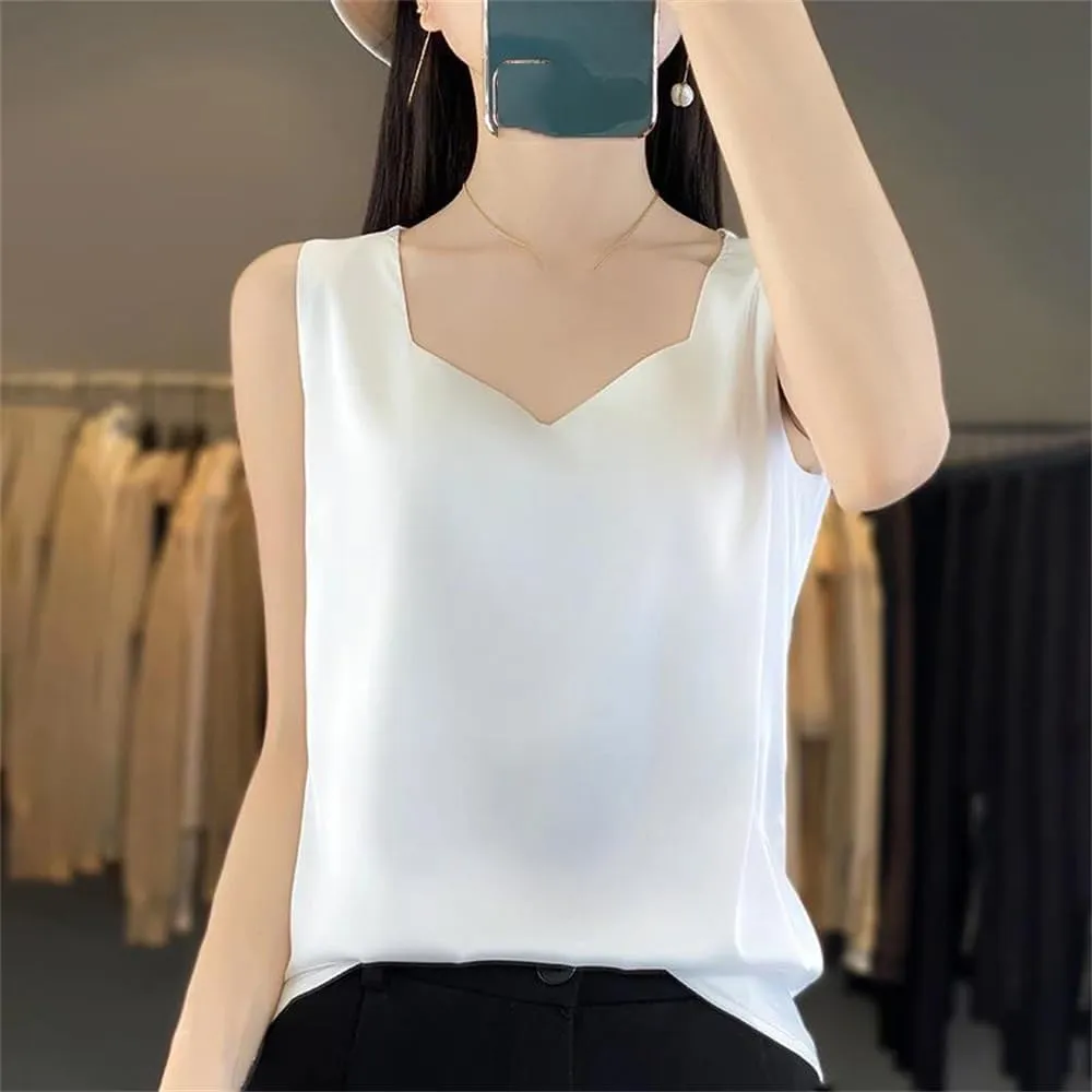 Women's Summer V-Neck Silk Vest Tank Tops Loose Sleeveless Thin Camisole Shirt