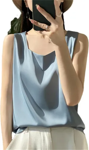 Women's Summer V-Neck Silk Vest Tank Tops Loose Sleeveless Thin Camisole Shirt