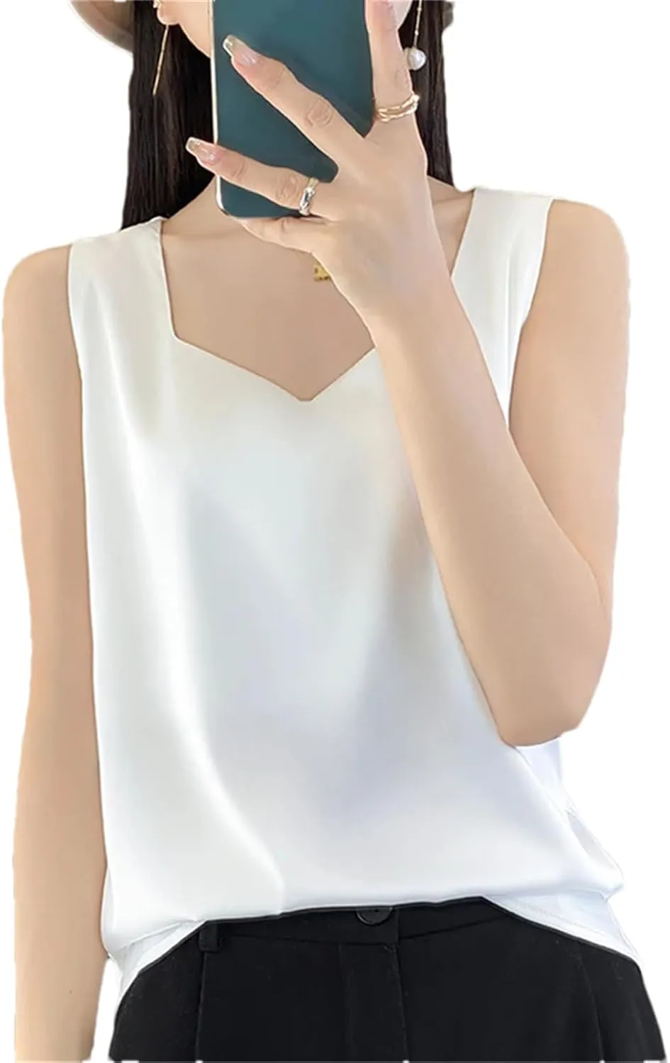 Women's Summer V-Neck Silk Vest Tank Tops Loose Sleeveless Thin Camisole Shirt