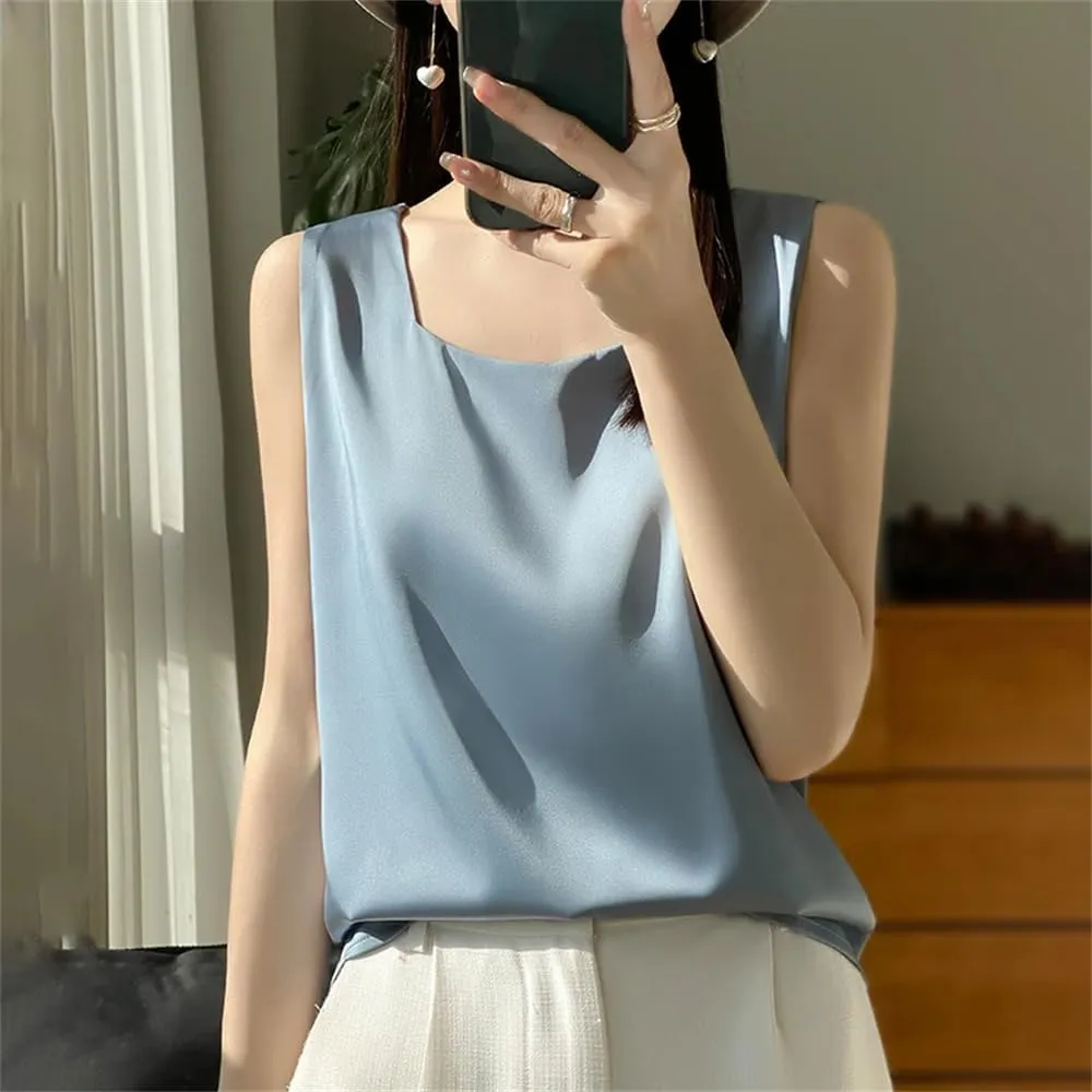 Women's Summer V-Neck Silk Vest Tank Tops Loose Sleeveless Thin Camisole Shirt