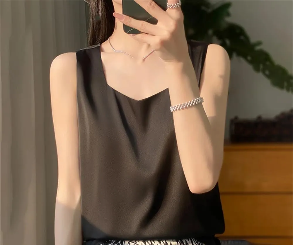 Women's Summer V-Neck Silk Vest Tank Tops Loose Sleeveless Thin Camisole Shirt