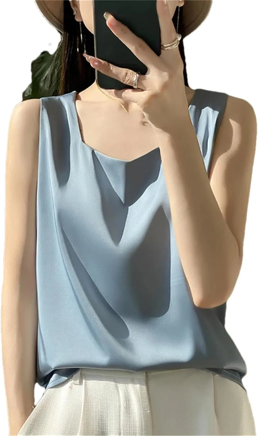 Women's Summer V-Neck Silk Vest Tank Tops Loose Sleeveless Thin Camisole Shirt