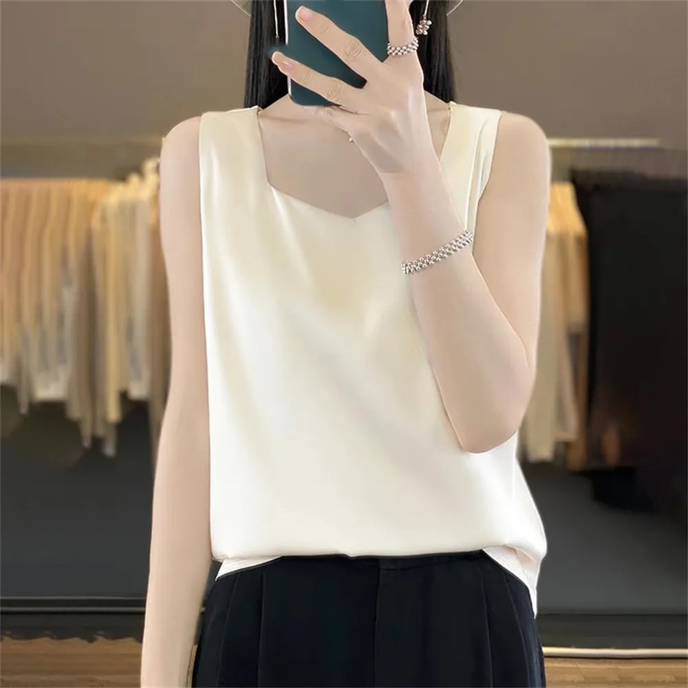 Women's Summer V-Neck Silk Vest Tank Tops Loose Sleeveless Thin Camisole Shirt