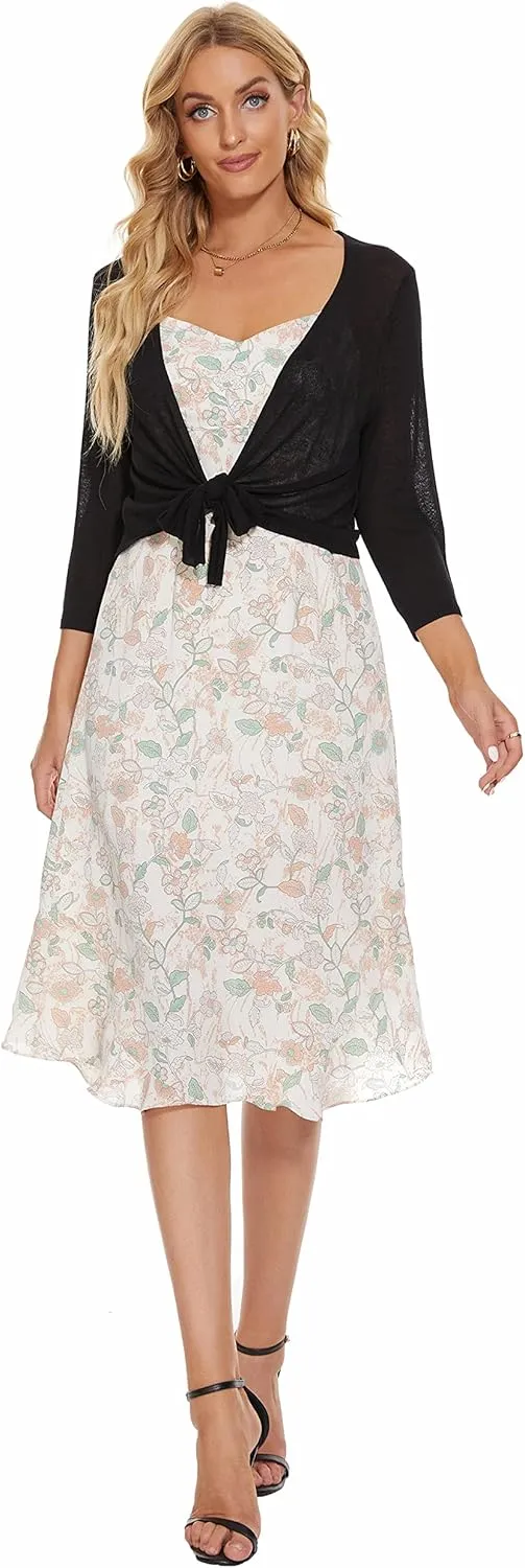 Women's Tie Front Bolero Cardigan Shrug Sweater 3/4 Sleeve Knotted Lightweight Short Shawl Top