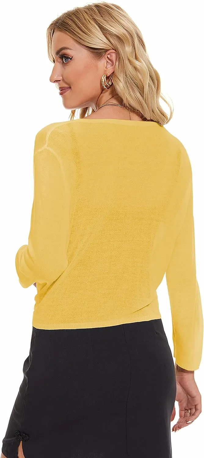 Women's Tie Front Bolero Cardigan Shrug Sweater 3/4 Sleeve Knotted Lightweight Short Shawl Top