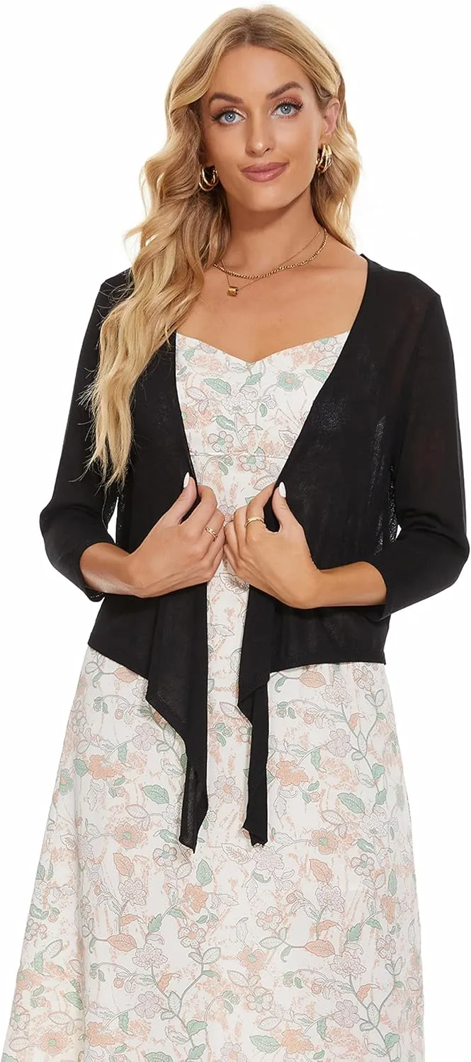 Women's Tie Front Bolero Cardigan Shrug Sweater 3/4 Sleeve Knotted Lightweight Short Shawl Top