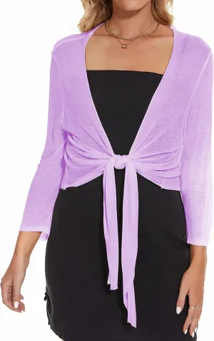 Women's Tie Front Bolero Cardigan Shrug Sweater 3/4 Sleeve Knotted Lightweight Short Shawl Top