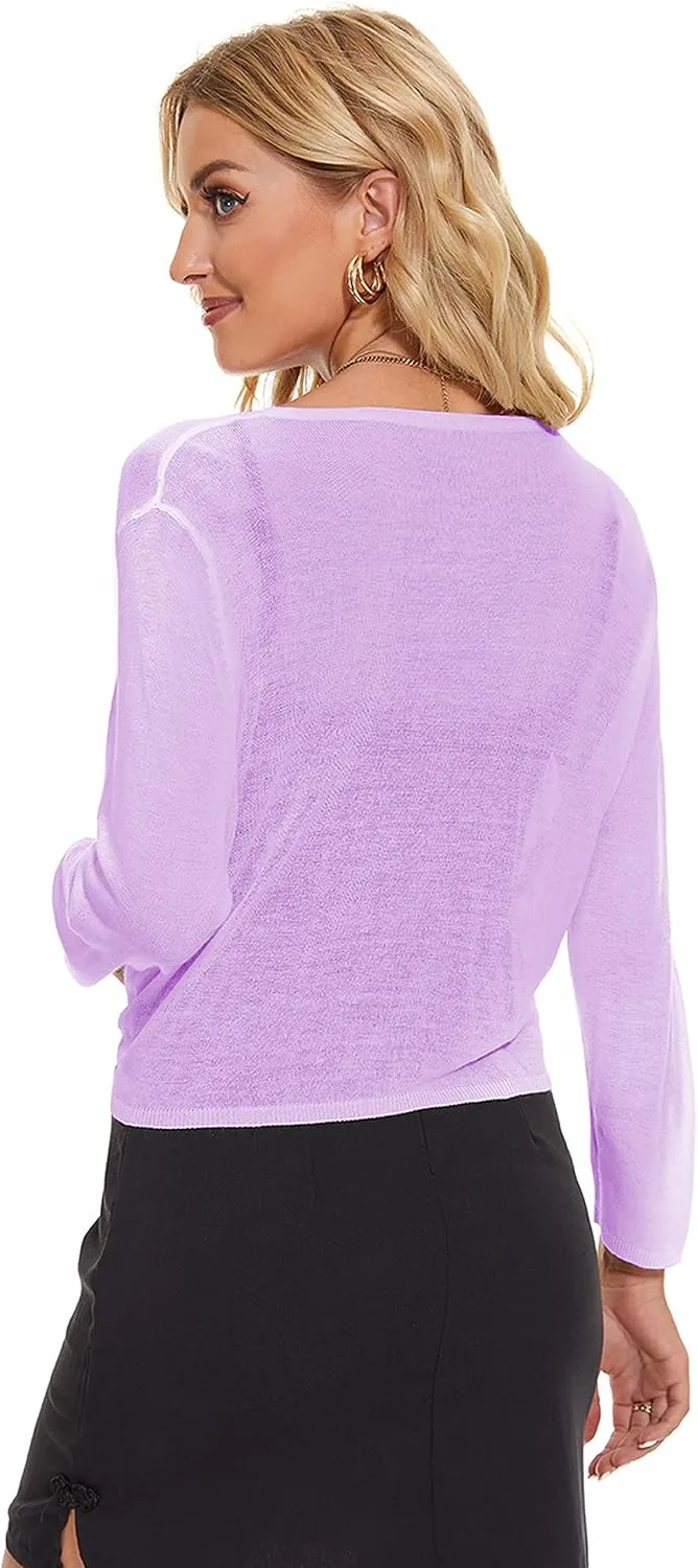 Women's Tie Front Bolero Cardigan Shrug Sweater 3/4 Sleeve Knotted Lightweight Short Shawl Top