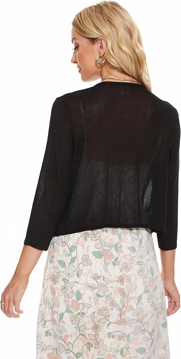 Women's Tie Front Bolero Cardigan Shrug Sweater 3/4 Sleeve Knotted Lightweight Short Shawl Top