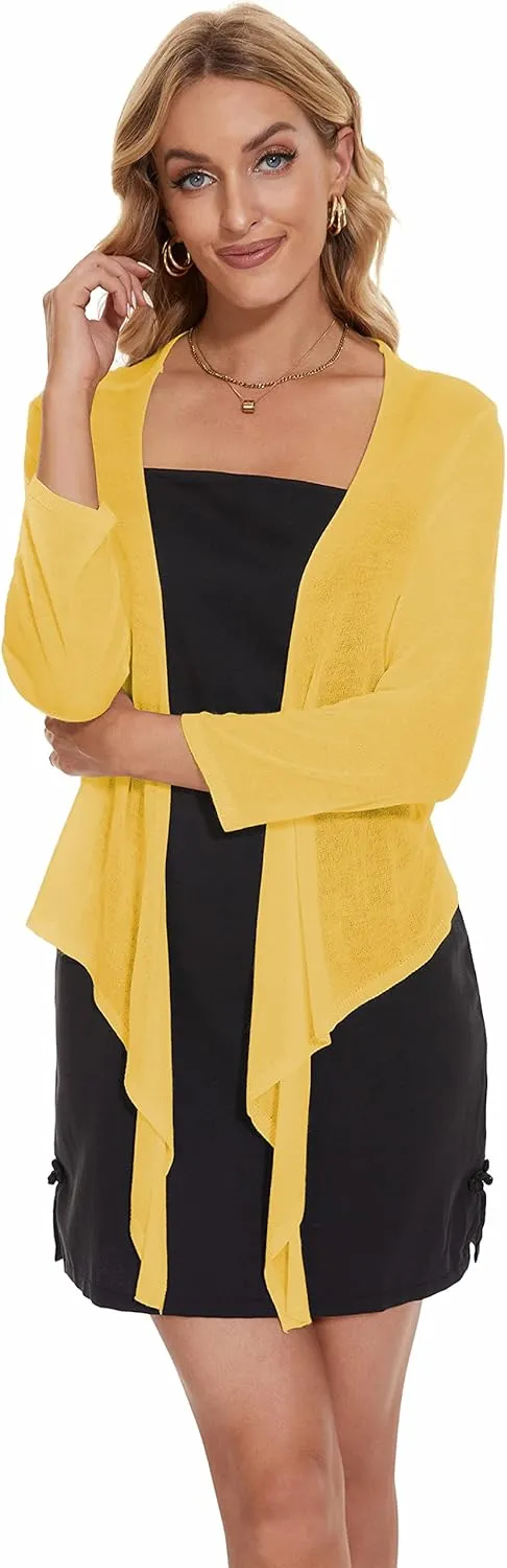 Women's Tie Front Bolero Cardigan Shrug Sweater 3/4 Sleeve Knotted Lightweight Short Shawl Top
