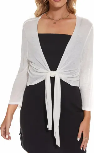 Women's Tie Front Bolero Cardigan Shrug Sweater 3/4 Sleeve Knotted Lightweight Short Shawl Top