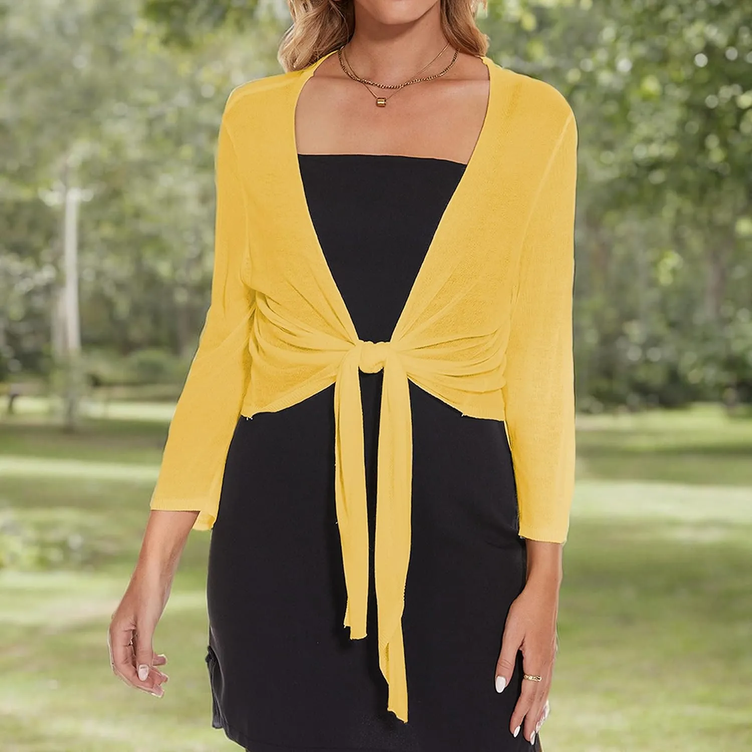 Women's Tie Front Bolero Cardigan Shrug Sweater 3/4 Sleeve Knotted Lightweight Short Shawl Top