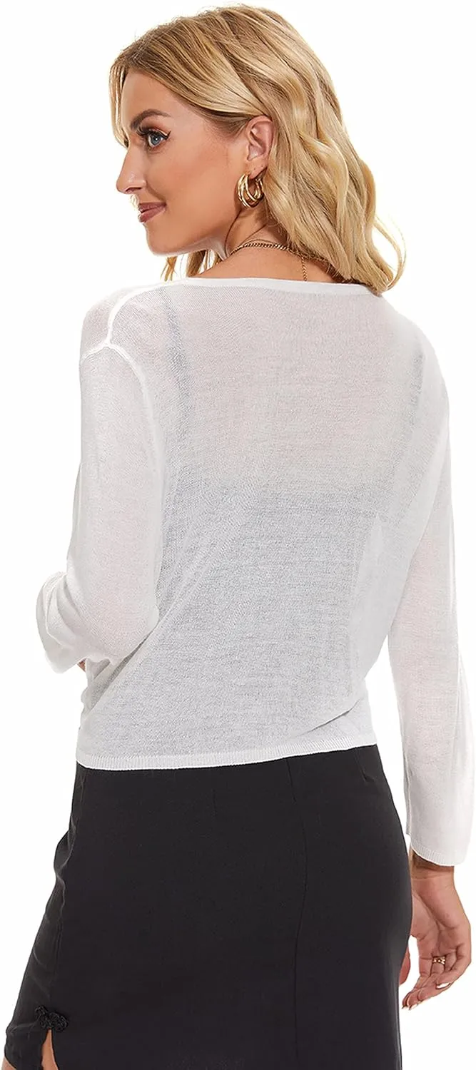 Women's Tie Front Bolero Cardigan Shrug Sweater 3/4 Sleeve Knotted Lightweight Short Shawl Top