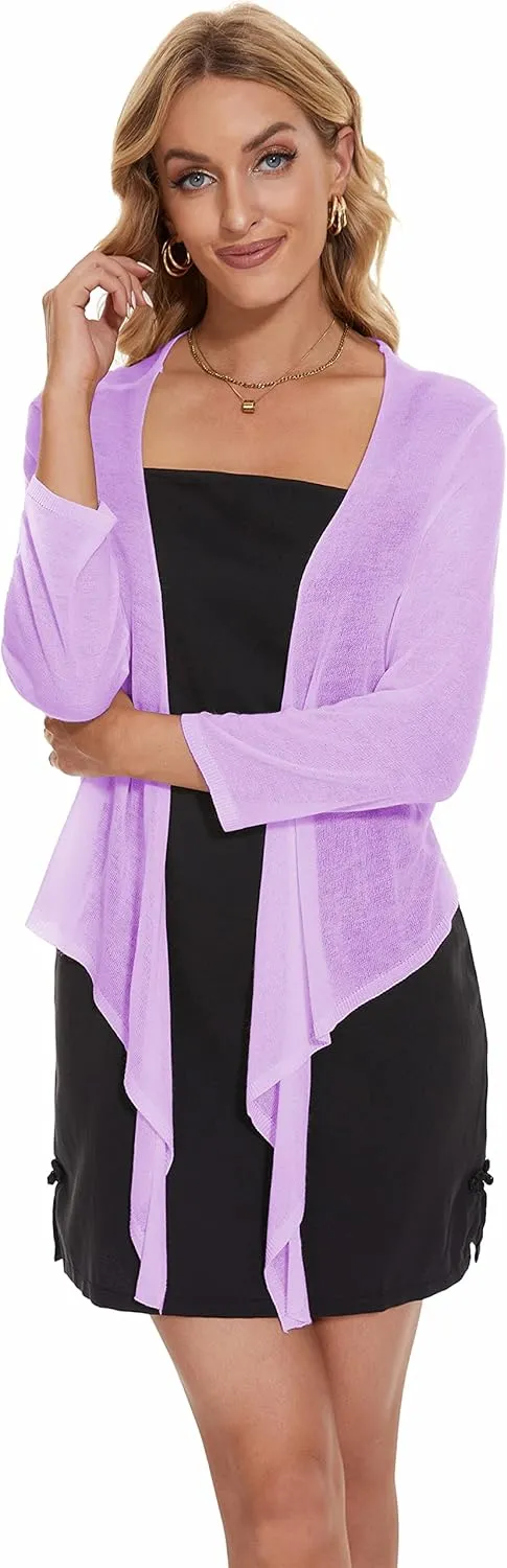Women's Tie Front Bolero Cardigan Shrug Sweater 3/4 Sleeve Knotted Lightweight Short Shawl Top