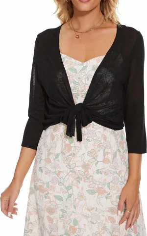 Women's Tie Front Bolero Cardigan Shrug Sweater 3/4 Sleeve Knotted Lightweight Short Shawl Top