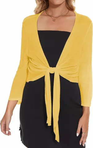 Women's Tie Front Bolero Cardigan Shrug Sweater 3/4 Sleeve Knotted Lightweight Short Shawl Top