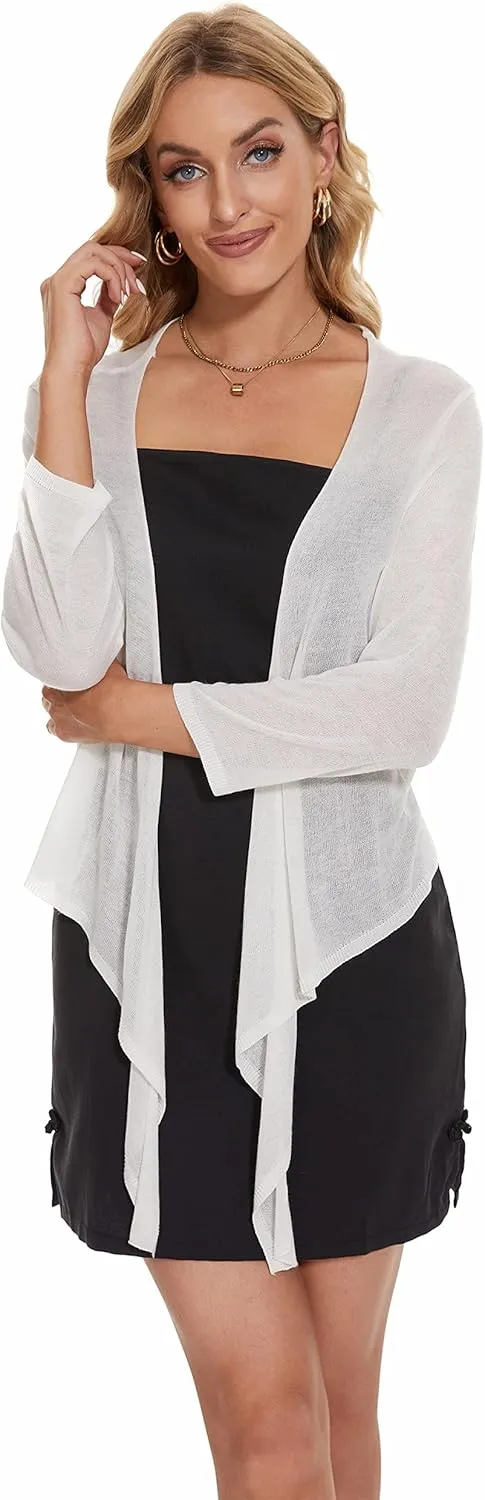 Women's Tie Front Bolero Cardigan Shrug Sweater 3/4 Sleeve Knotted Lightweight Short Shawl Top