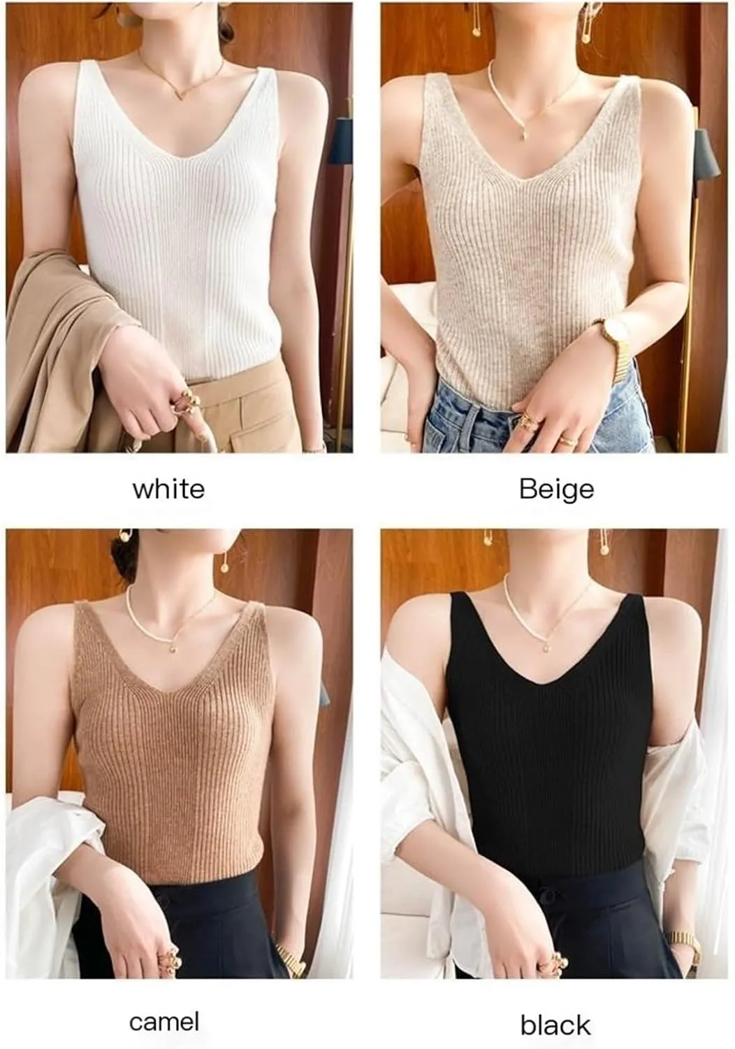 Women's V-Neck Knit Camisole Sleeveless Tank Top Slim Fit Stretch Polyester Ribbed Cami Shirt for