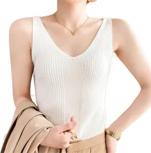 Women's V-Neck Knit Camisole Sleeveless Tank Top Slim Fit Stretch Polyester Ribbed Cami Shirt for