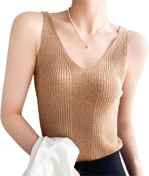 Women's V-Neck Knit Camisole Sleeveless Tank Top Slim Fit Stretch Polyester Ribbed Cami Shirt for