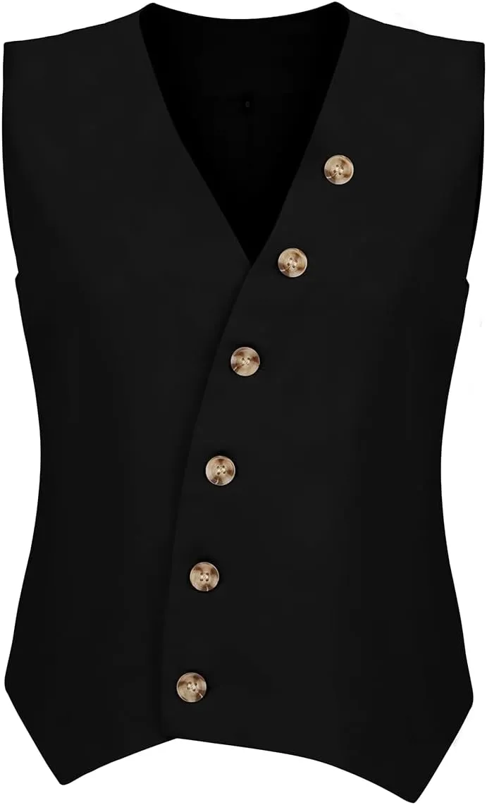 Womens Vest Sleeveless Blazers V Neck Button Up Work Office Suit Vests