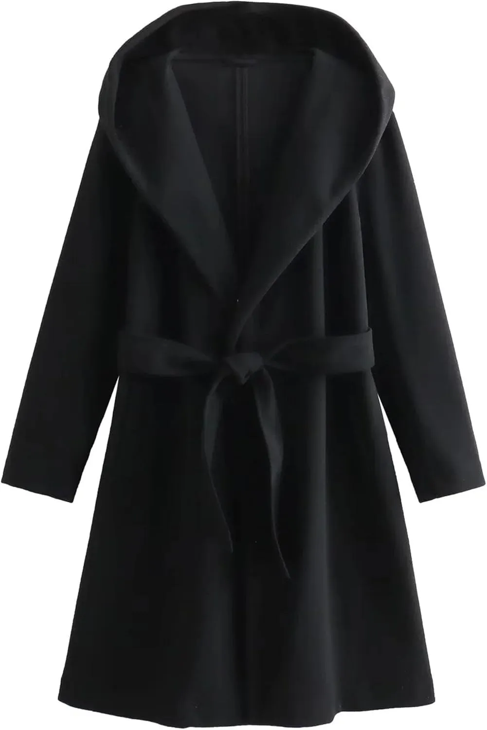 Womens Wool Blend Hooded Coats Long Sleeve Belted Trench Coat Casual Open Front Cardigan Jackets Overcoat