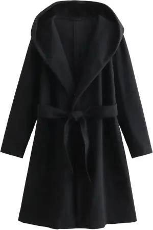 Womens Wool Blend Hooded Coats Long Sleeve Belted Trench Coat Casual Open Front Cardigan Jackets Overcoat