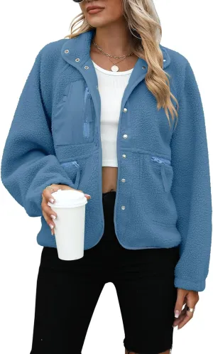 Yanekop Womens Fleece Jacket Fuzzy Long Sleeve Short Coats Button Down Sherpa Outerwear with Pockets