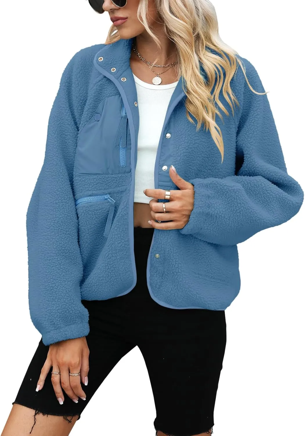 Yanekop Womens Fleece Jacket Fuzzy Long Sleeve Short Coats Button Down Sherpa Outerwear with Pockets
