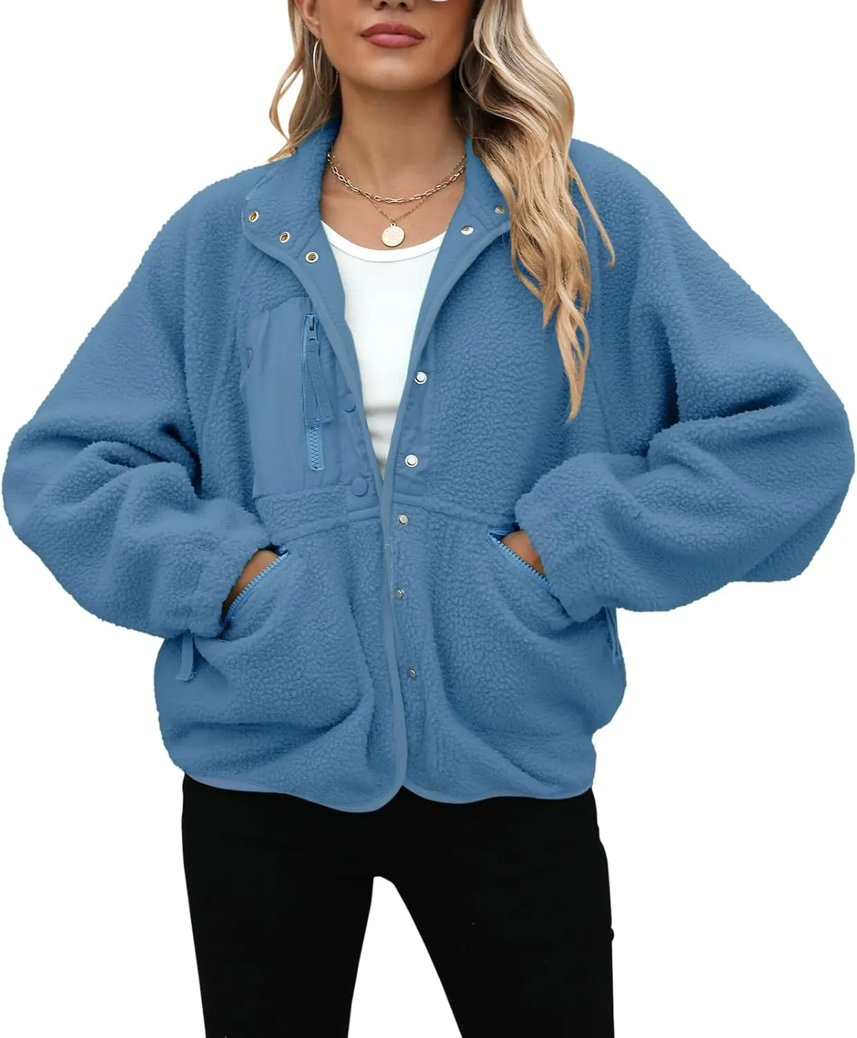 Yanekop Womens Fleece Jacket Fuzzy Long Sleeve Short Coats Button Down Sherpa Outerwear with Pockets
