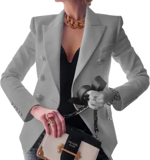 ZOCANIA Women Double Breasted Blazer Notch Collar Cuff Button Business Jacket Suit Slim Fit Spring Fall Office Blazer Coat