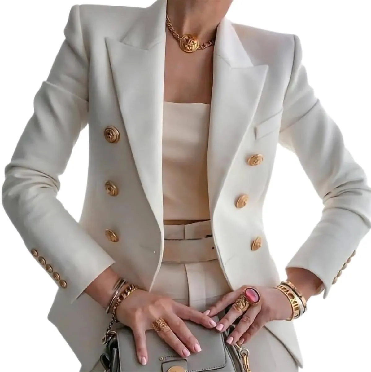ZOCANIA Women Double Breasted Blazer Notch Collar Cuff Button Business Jacket Suit Slim Fit Spring Fall Office Blazer Coat