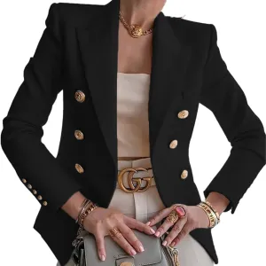 ZOCANIA Women Double Breasted Blazer Notch Collar Cuff Button Business Jacket Suit Slim Fit Spring Fall Office Blazer Coat
