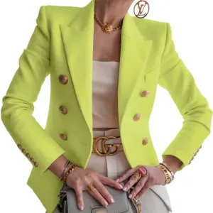 ZOCANIA Women Double Breasted Blazer Notch Collar Cuff Button Business Jacket Suit Slim Fit Spring Fall Office Blazer Coat