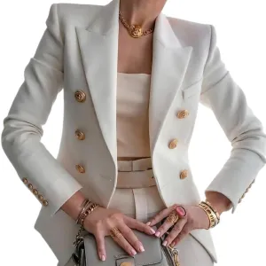 ZOCANIA Women Double Breasted Blazer Notch Collar Cuff Button Business Jacket Suit Slim Fit Spring Fall Office Blazer Coat