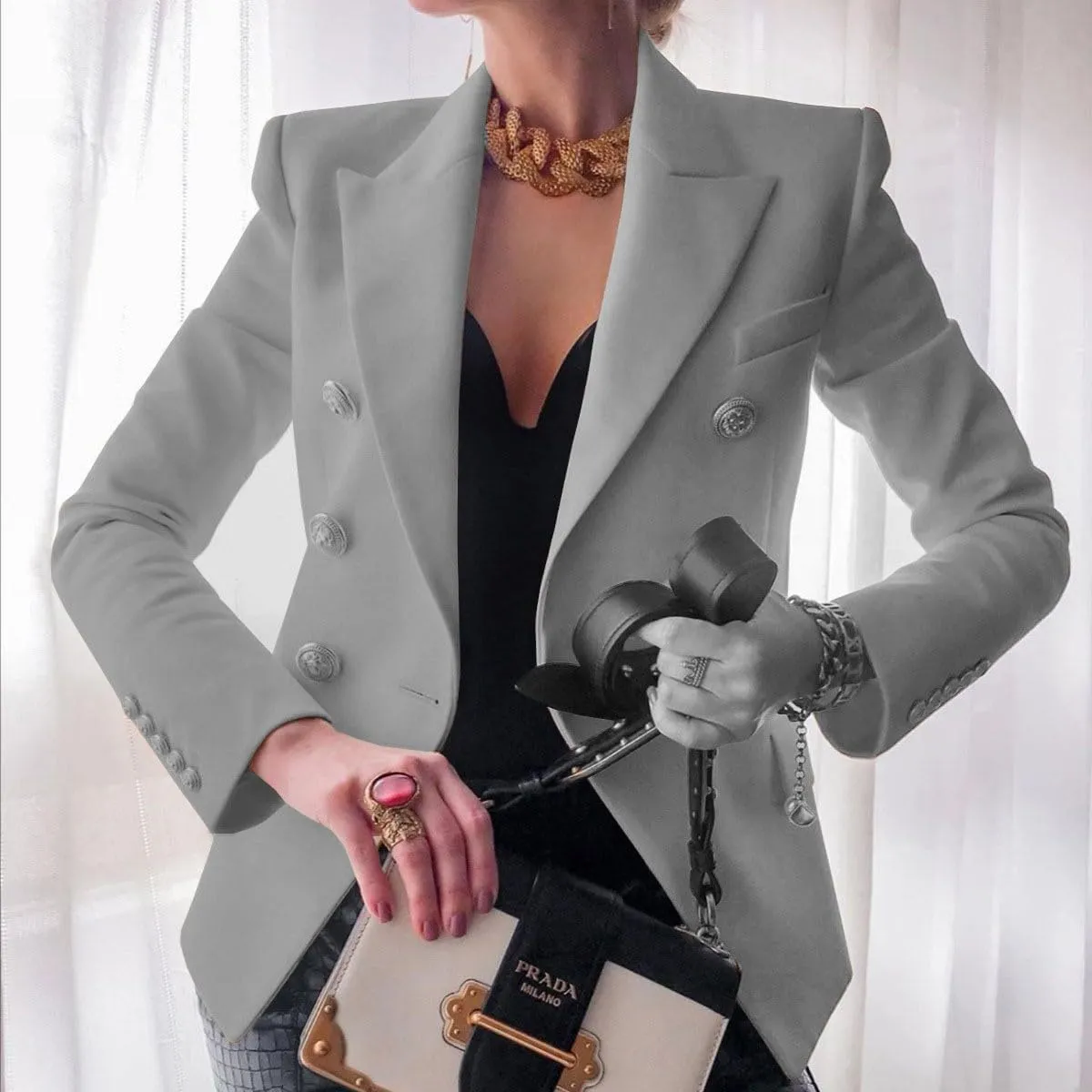 ZOCANIA Women Double Breasted Blazer Notch Collar Cuff Button Business Jacket Suit Slim Fit Spring Fall Office Blazer Coat
