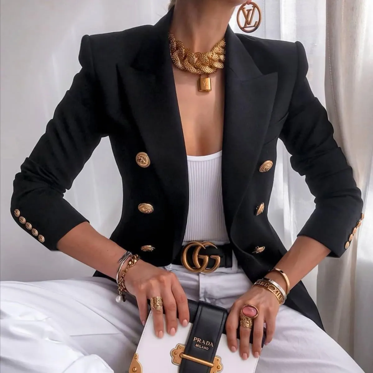 ZOCANIA Women Double Breasted Blazer Notch Collar Cuff Button Business Jacket Suit Slim Fit Spring Fall Office Blazer Coat