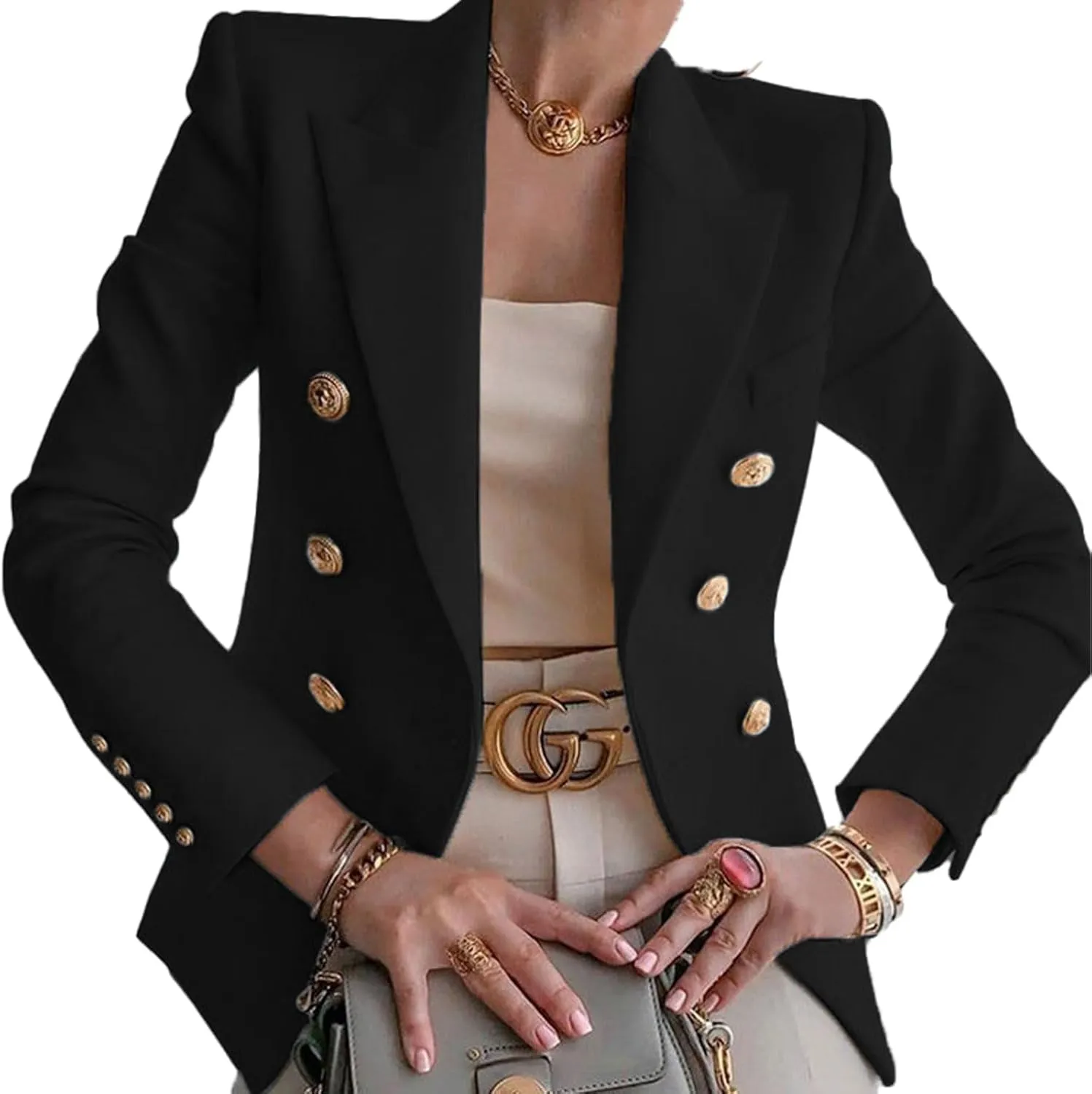 ZOCANIA Women Double Breasted Blazer Notch Collar Cuff Button Business Jacket Suit Slim Fit Spring Fall Office Blazer Coat