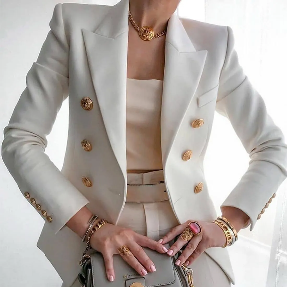 ZOCANIA Women Double Breasted Blazer Notch Collar Cuff Button Business Jacket Suit Slim Fit Spring Fall Office Blazer Coat